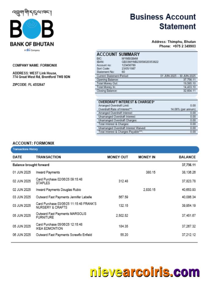 Bank of Bhutanese enterprise account statement